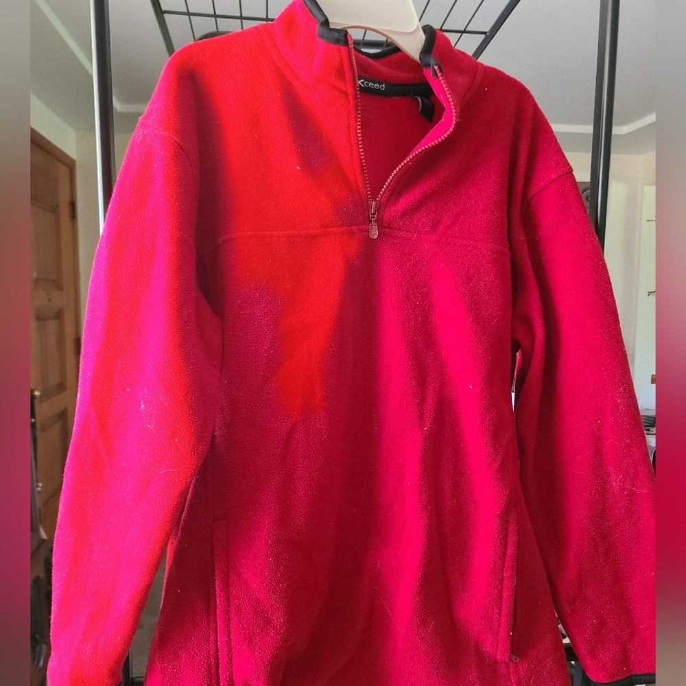 Red Fleece/Black Trim, Quarter-Zip Pullover With Zip Pockets. Great Shape